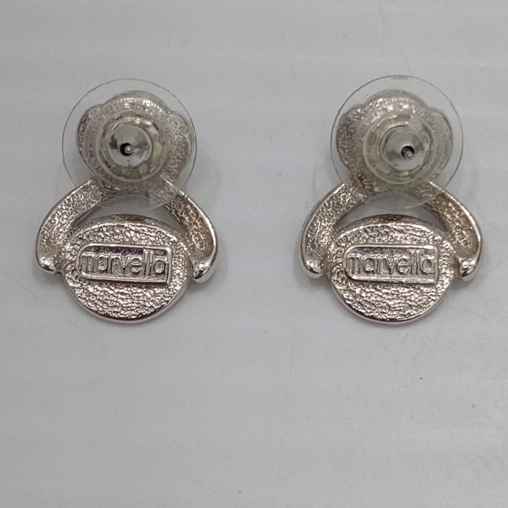 Vintage Marvella Faux Pearl Rhinestone Silver Tone Swirl‎ Earrings